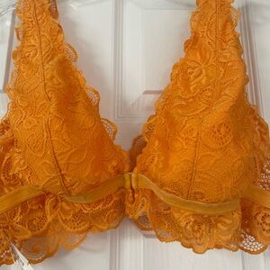 Anthropologie LG lace bralette, tangerine, all stretch, front closure.